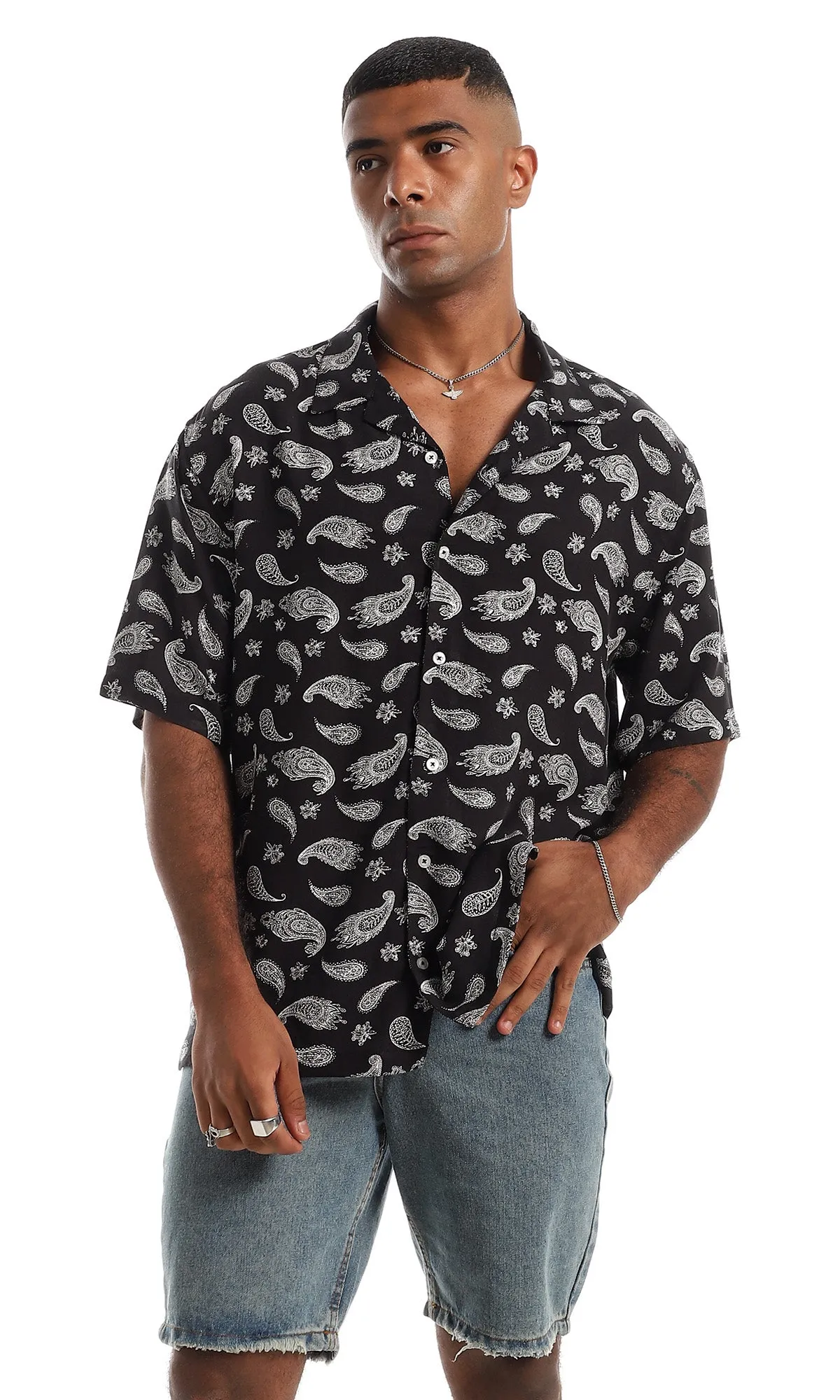 97942 Funky Short Sleeves Black & White Button Down Shirt
