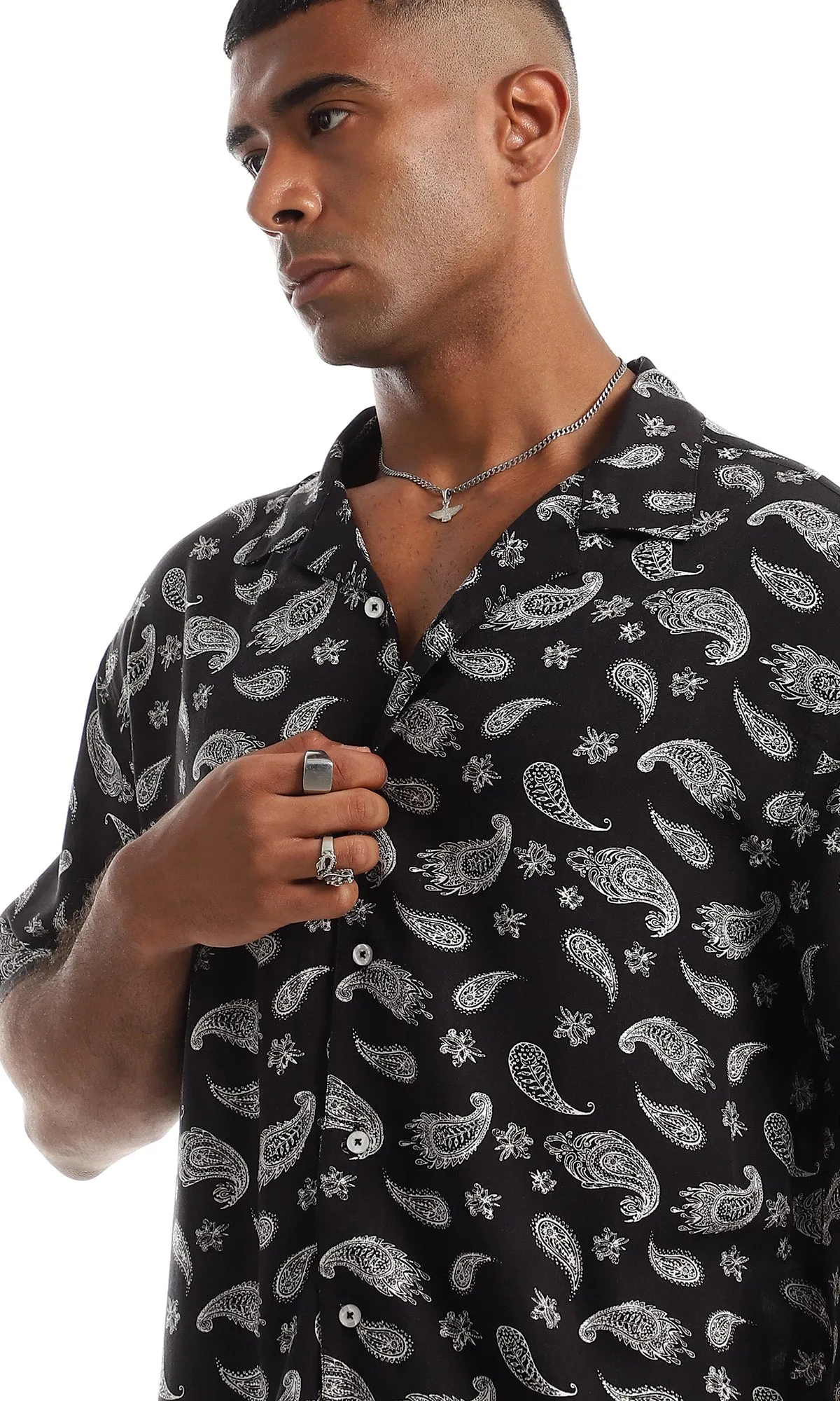97942 Funky Short Sleeves Black & White Button Down Shirt