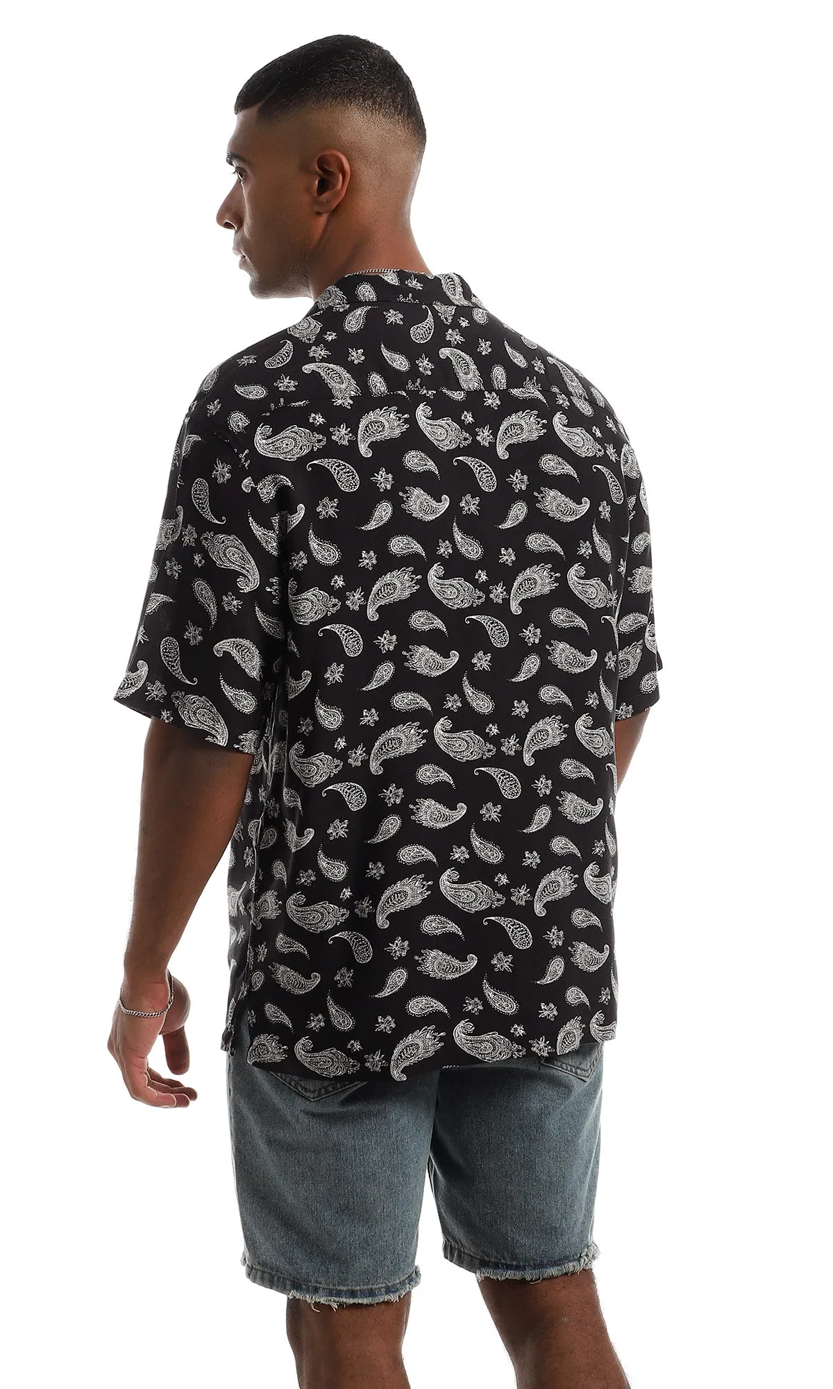 97942 Funky Short Sleeves Black & White Button Down Shirt