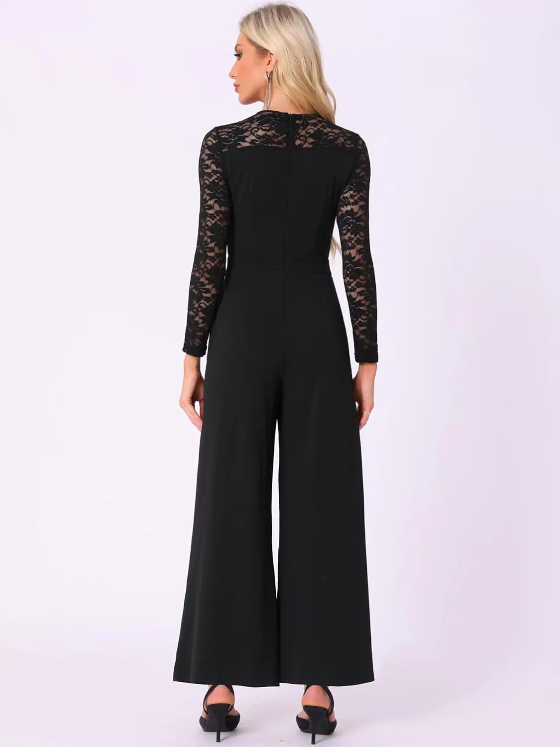 Allegra K Party Jumpsuits for Women's Elegant Crew Neck Mesh Lace Sleeve Loose Wide Leg Romper