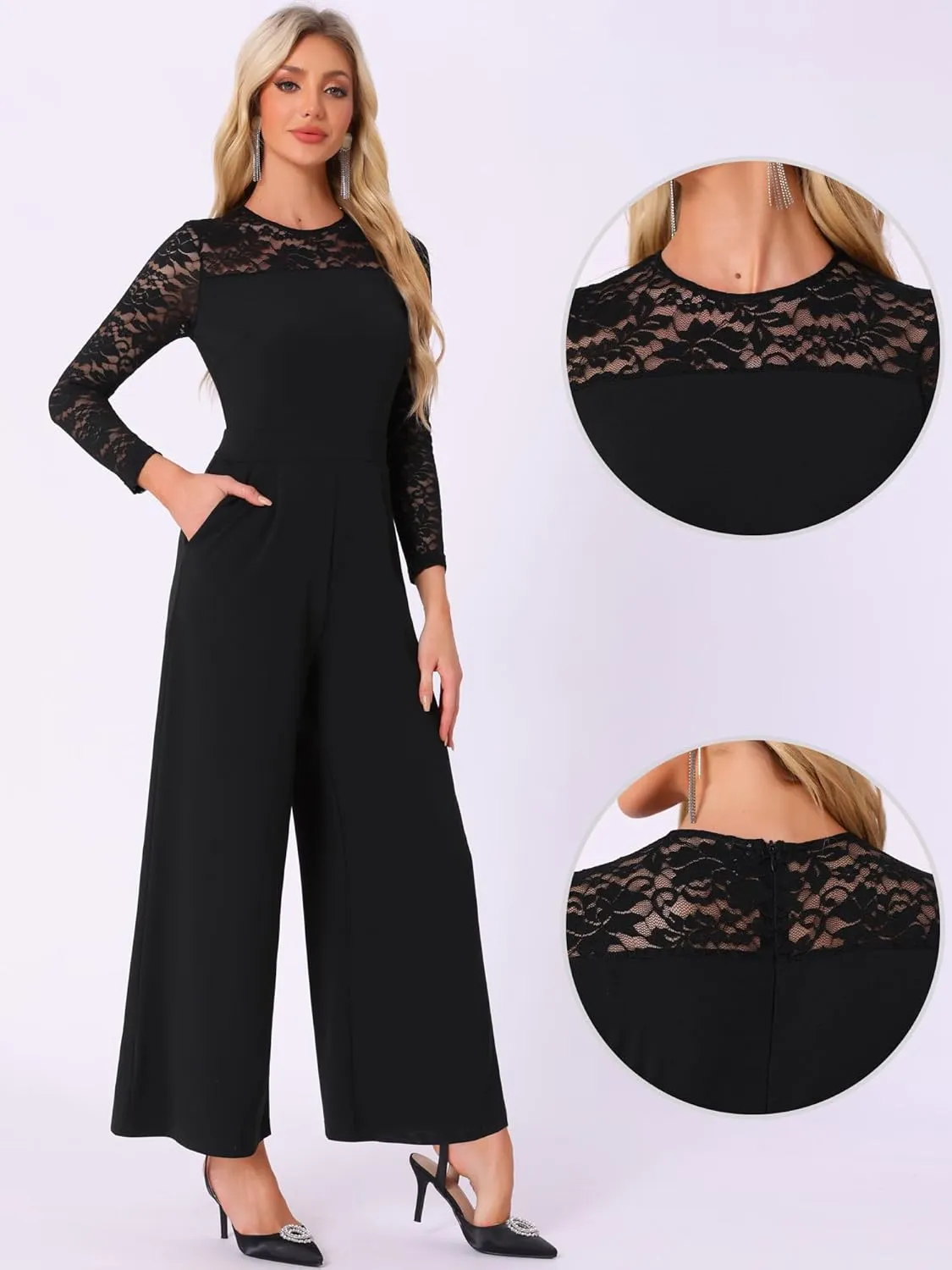 Allegra K Party Jumpsuits for Women's Elegant Crew Neck Mesh Lace Sleeve Loose Wide Leg Romper