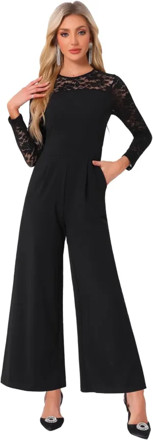 Allegra K Party Jumpsuits for Women's Elegant Crew Neck Mesh Lace Sleeve Loose Wide Leg Romper