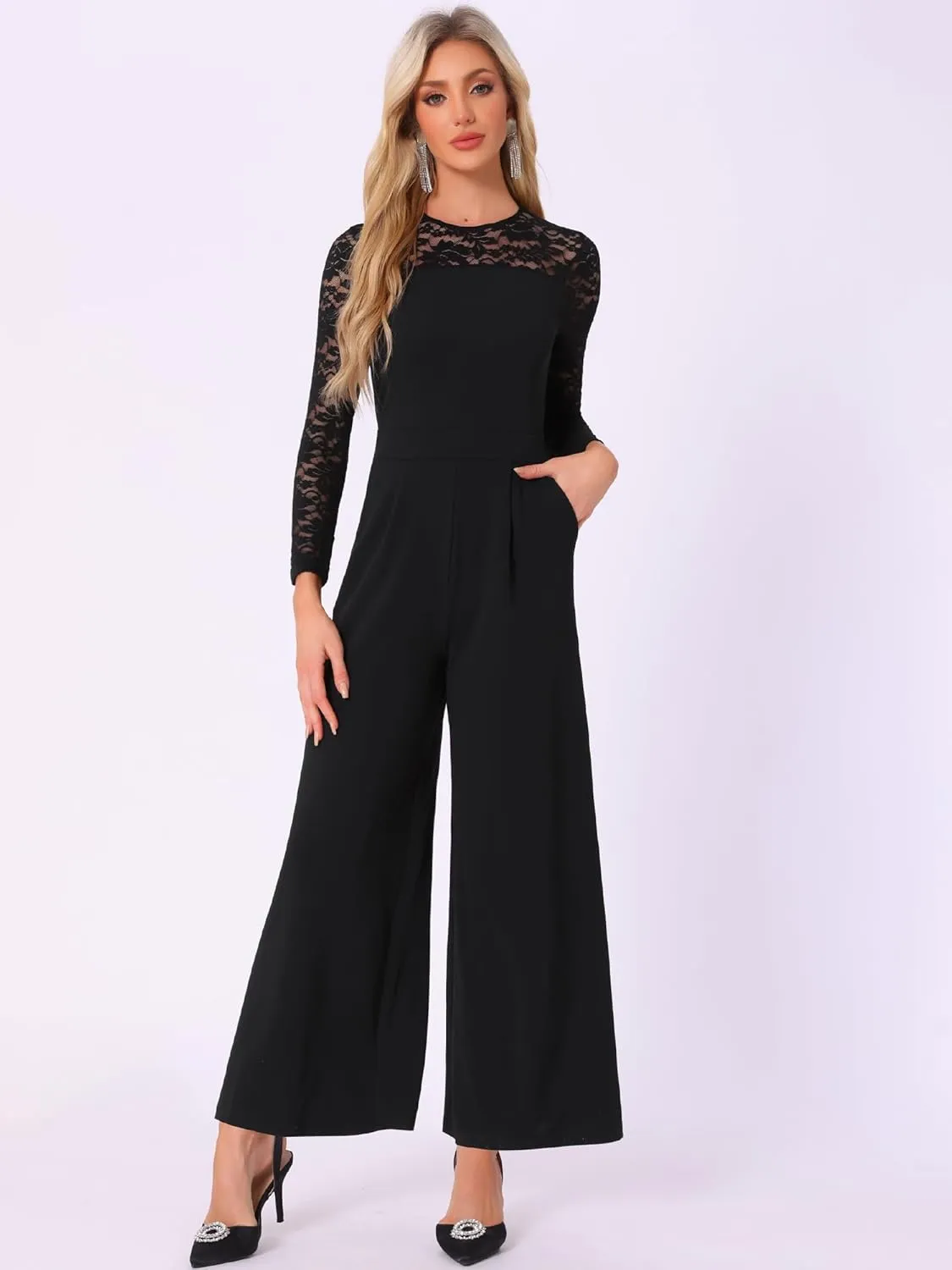 Allegra K Party Jumpsuits for Women's Elegant Crew Neck Mesh Lace Sleeve Loose Wide Leg Romper