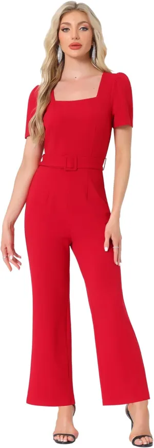 Allegra K Work Jumpsuits for Women's Elegant Square Neck Puff Short Sleeve Loose Wide Leg Romper
