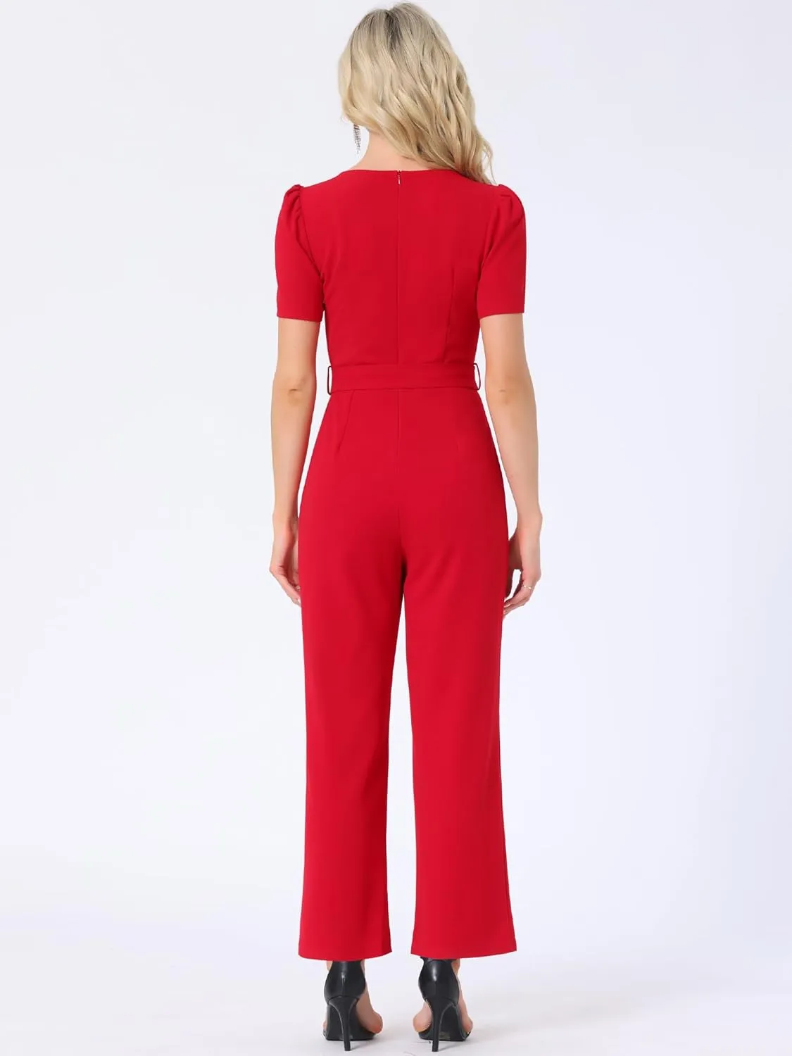 Allegra K Work Jumpsuits for Women's Elegant Square Neck Puff Short Sleeve Loose Wide Leg Romper
