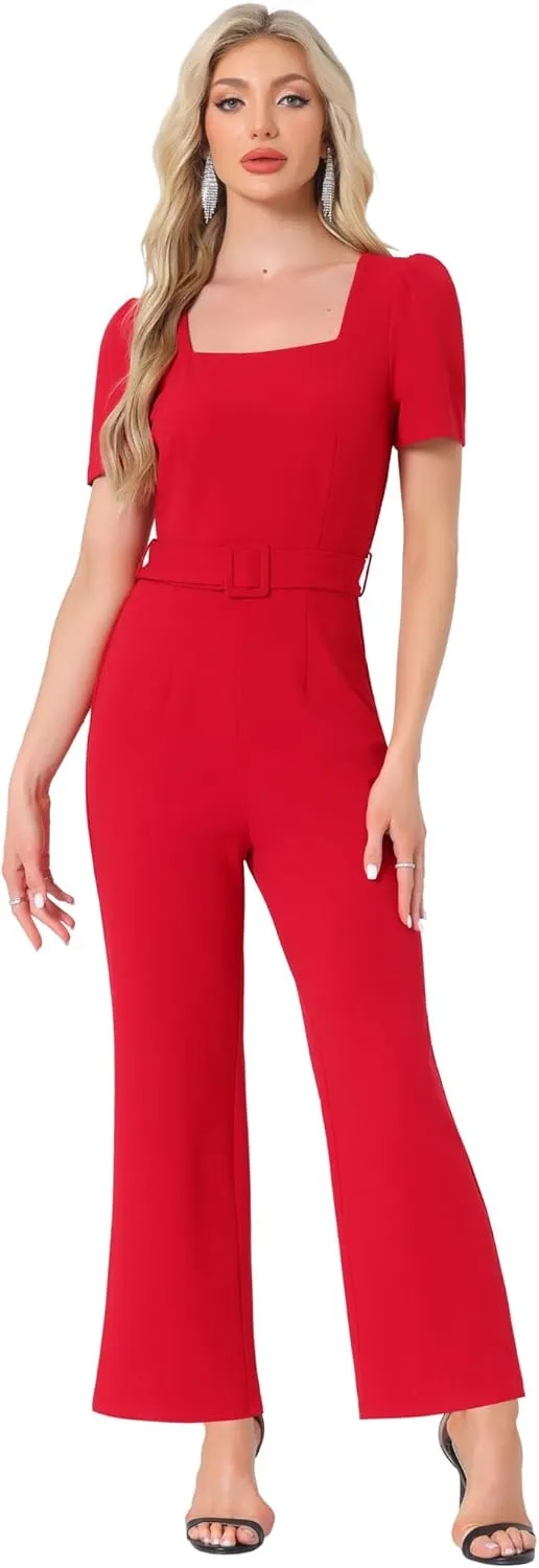 Allegra K Work Jumpsuits for Women's Elegant Square Neck Puff Short Sleeve Loose Wide Leg Romper