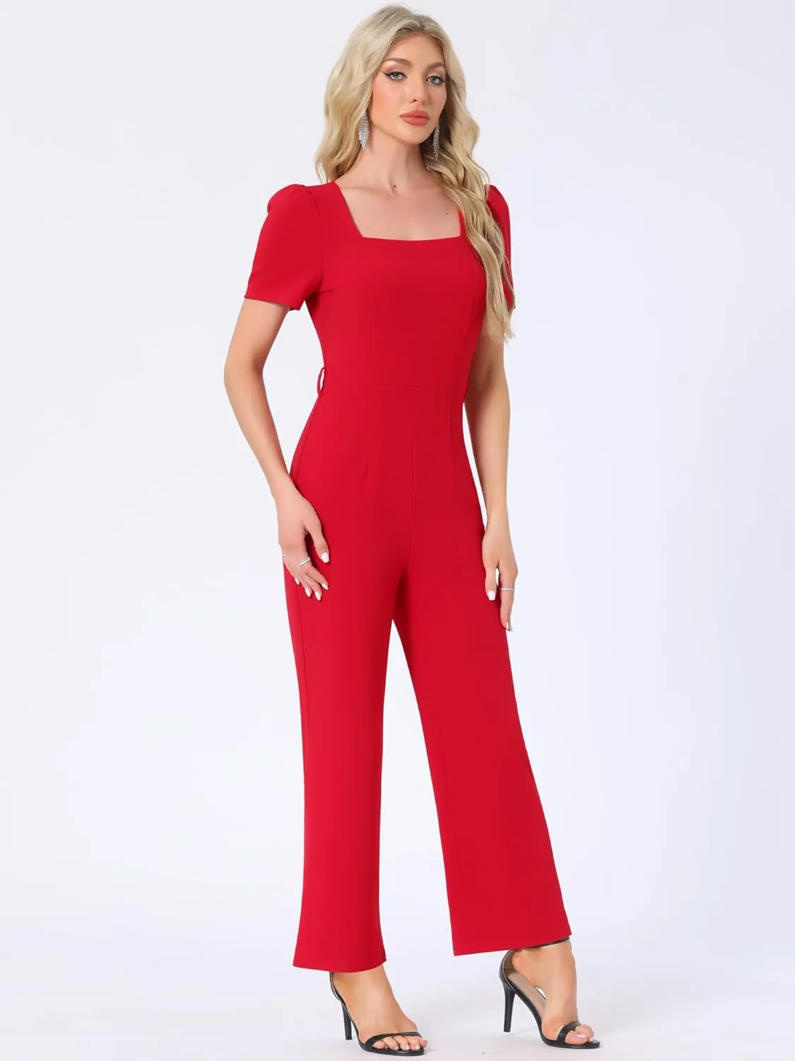 Allegra K Work Jumpsuits for Women's Elegant Square Neck Puff Short Sleeve Loose Wide Leg Romper
