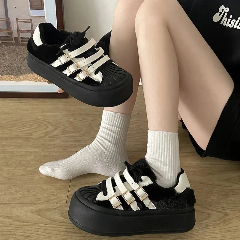 binfenxie  New Women's Autumn Casual Retro Lightweight Add Wool Thick-soled Simple Sneaker Height Increased All-match Lace-up Shoes