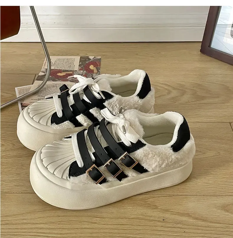binfenxie  New Women's Autumn Casual Retro Lightweight Add Wool Thick-soled Simple Sneaker Height Increased All-match Lace-up Shoes