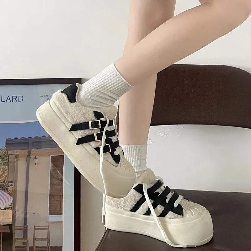binfenxie  New Women's Autumn Casual Retro Lightweight Add Wool Thick-soled Simple Sneaker Height Increased All-match Lace-up Shoes