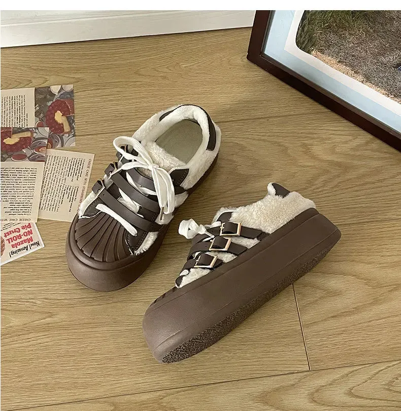 binfenxie  New Women's Autumn Casual Retro Lightweight Add Wool Thick-soled Simple Sneaker Height Increased All-match Lace-up Shoes