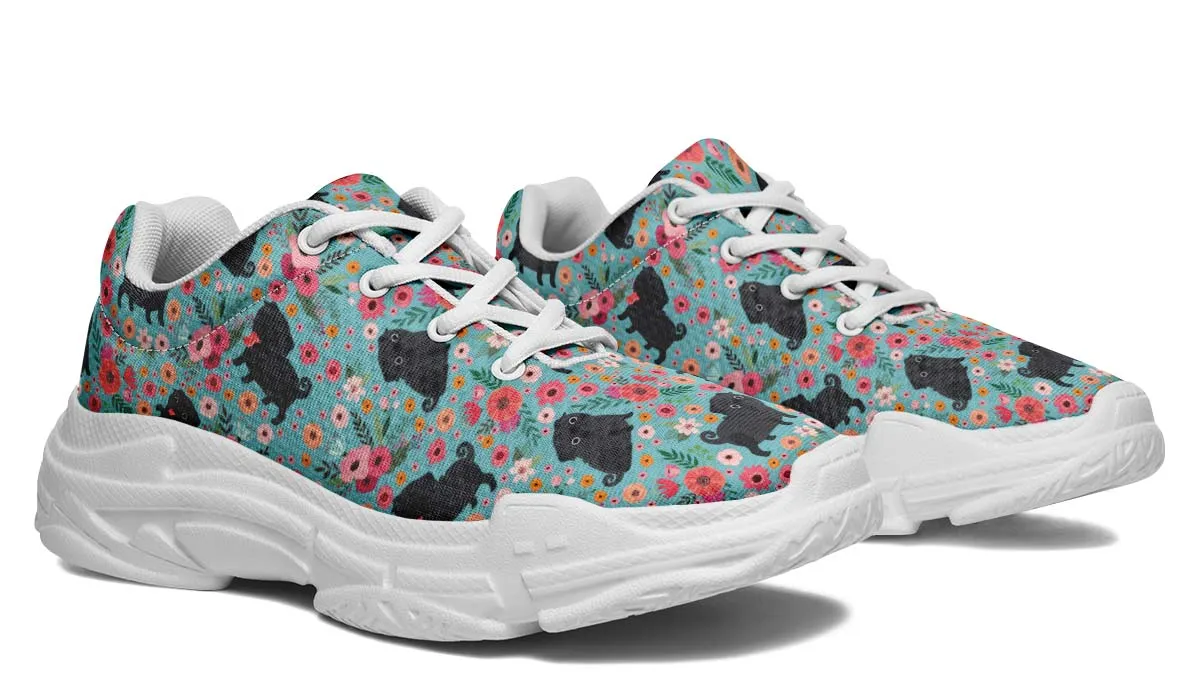 Black Pug Flower Chunky Sneakers