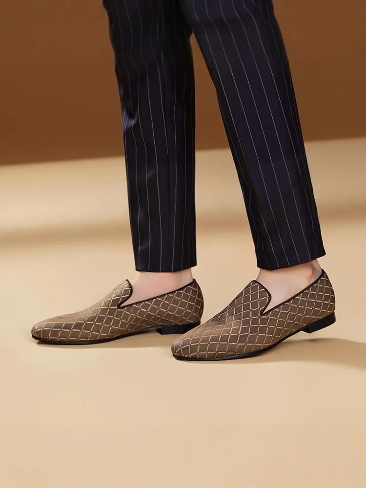 British style classic men's slip-on loafers black plaid cotton breathable leather lining trendy smoking shoes