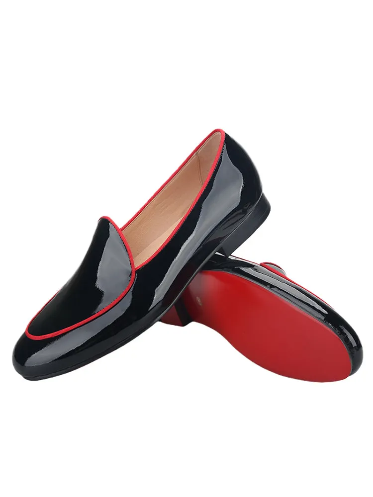 Classic British style Belgian loafers for men, black patent leather slip-on round toe yuppie shoes, breathable leather lining