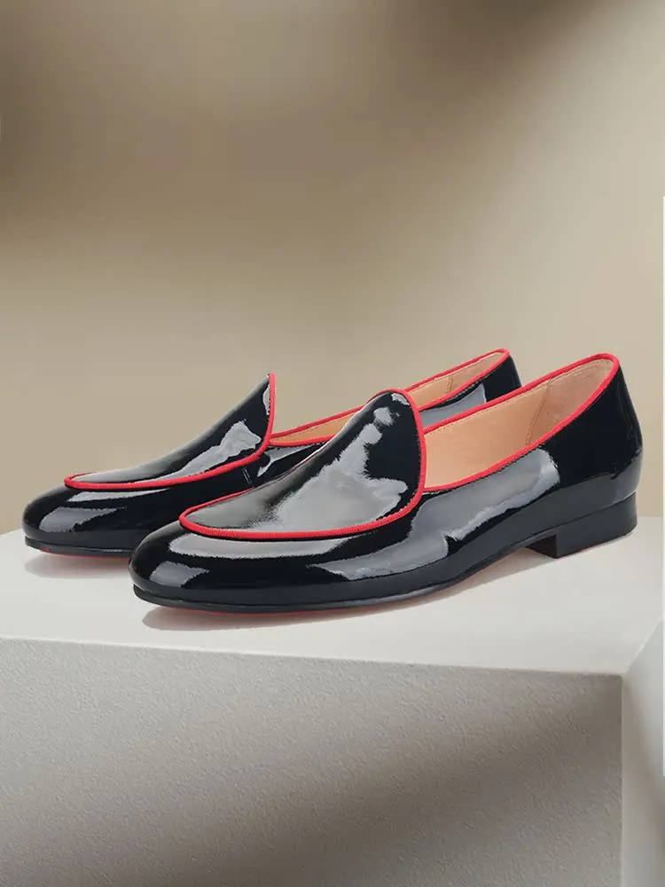 Classic British style Belgian loafers for men, black patent leather slip-on round toe yuppie shoes, breathable leather lining
