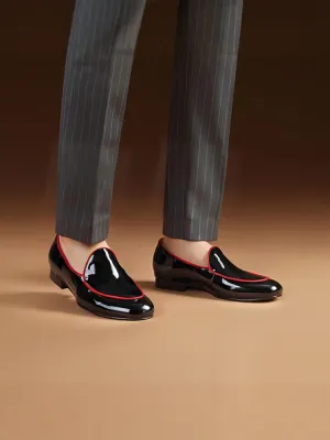 Classic British style Belgian loafers for men, black patent leather slip-on round toe yuppie shoes, breathable leather lining