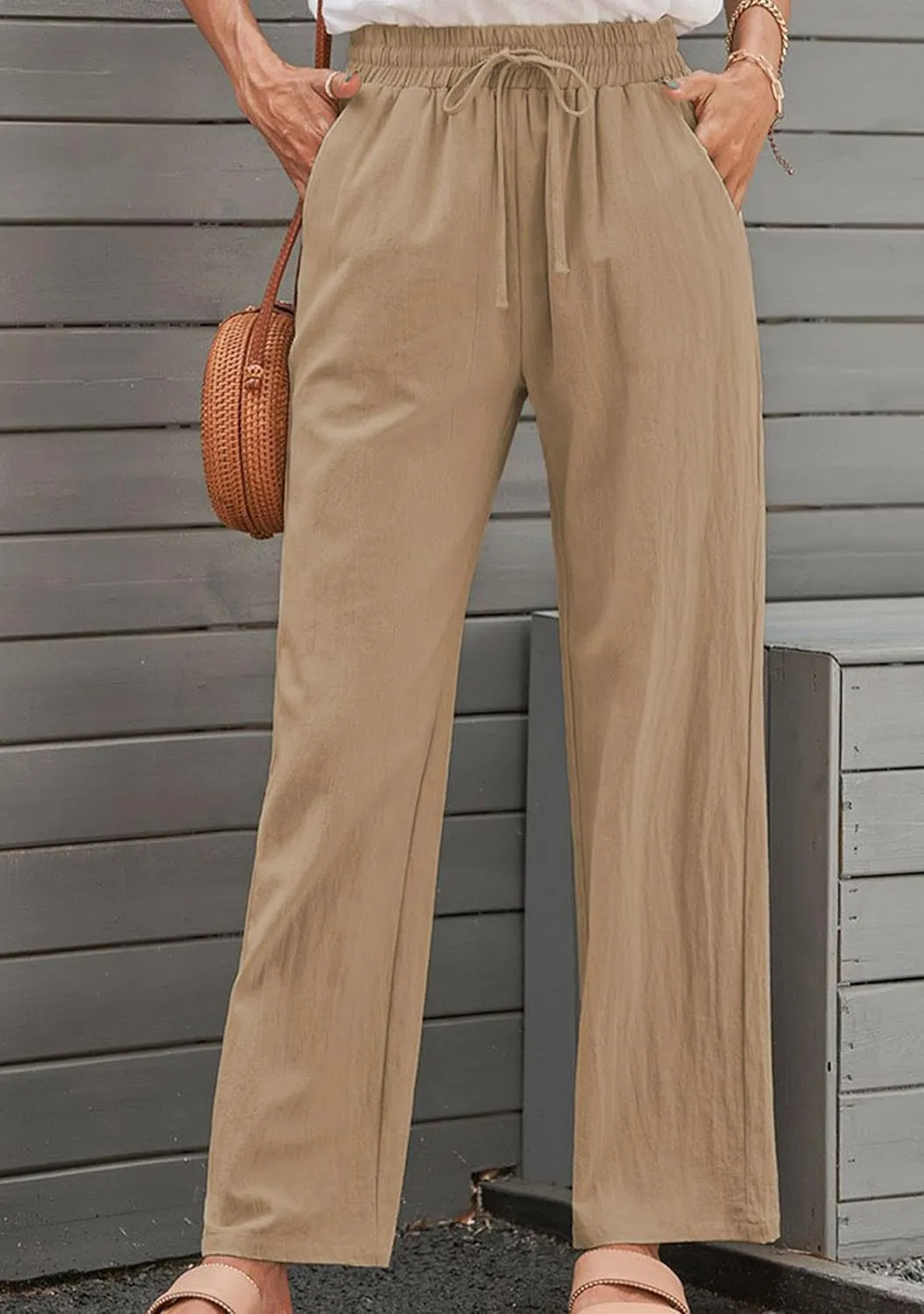Cotton Cotton Linen Pants for Women Summer Casual Long Pants High Waisted Drawstring Trousers with Pockets