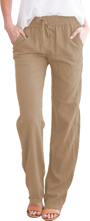 Cotton Cotton Linen Pants for Women Summer Casual Long Pants High Waisted Drawstring Trousers with Pockets