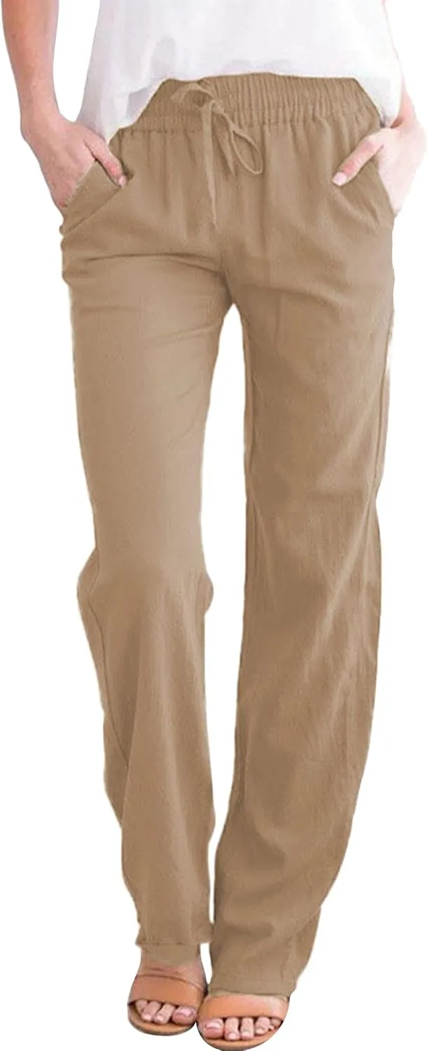 Cotton Cotton Linen Pants for Women Summer Casual Long Pants High Waisted Drawstring Trousers with Pockets