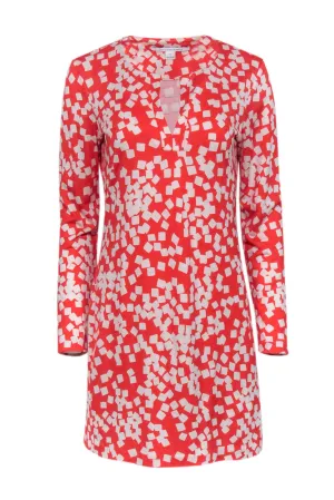 Diane von Furstenberg - Red & White Long Sleeve Printed Mini Dress Sz 10