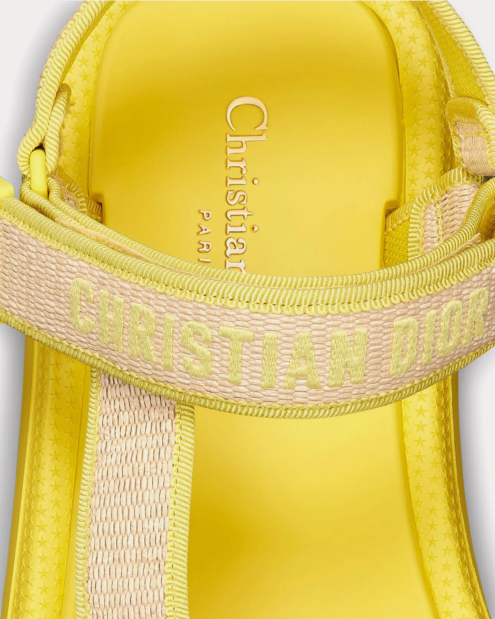 Dioriviera D-Wave Natural Raffia and Lemon Yellow Embroidered Cotton Sandals