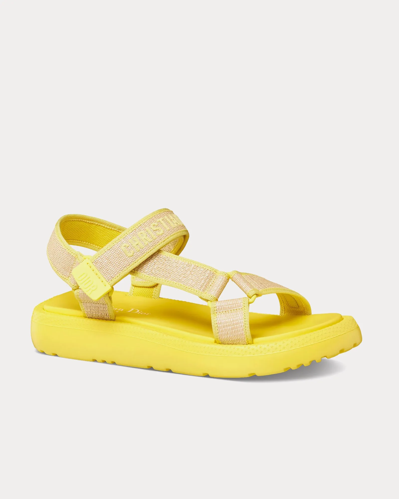 Dioriviera D-Wave Natural Raffia and Lemon Yellow Embroidered Cotton Sandals