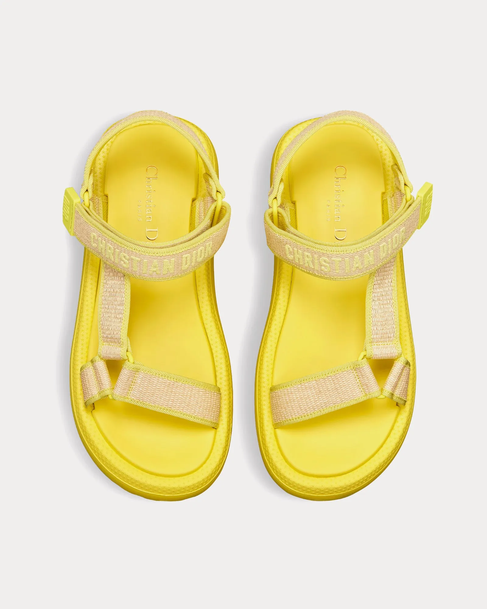 Dioriviera D-Wave Natural Raffia and Lemon Yellow Embroidered Cotton Sandals