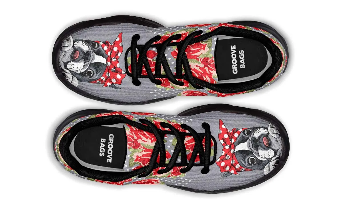 Floral Boston Terrier Red Chunky Sneakers