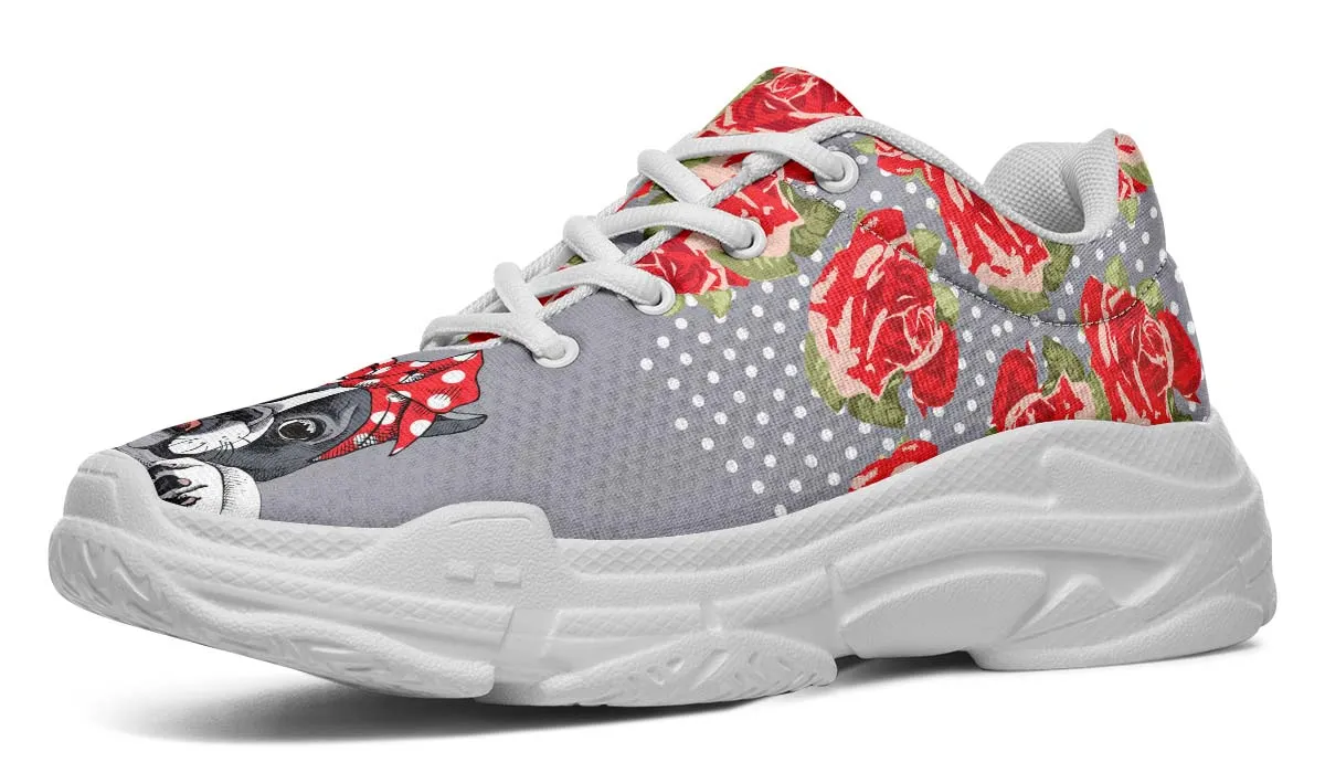 Floral Boston Terrier Red Chunky Sneakers