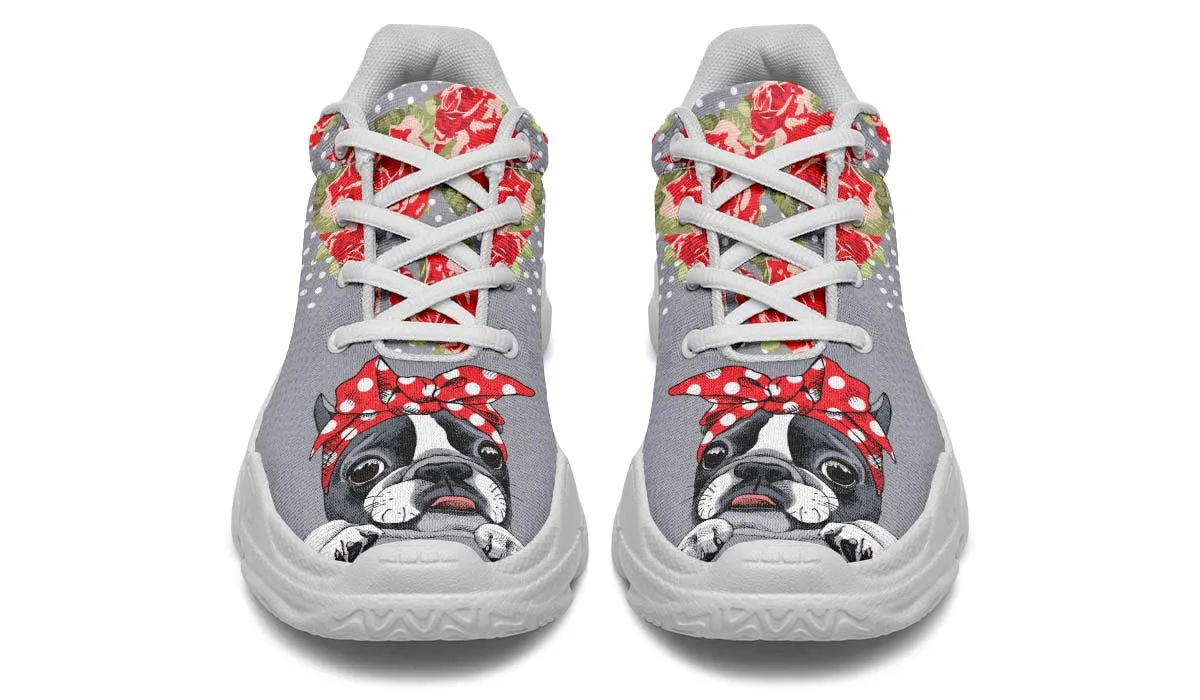 Floral Boston Terrier Red Chunky Sneakers
