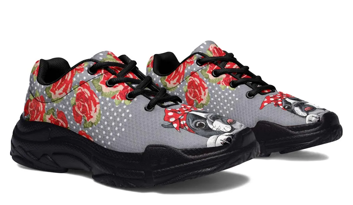 Floral Boston Terrier Red Chunky Sneakers