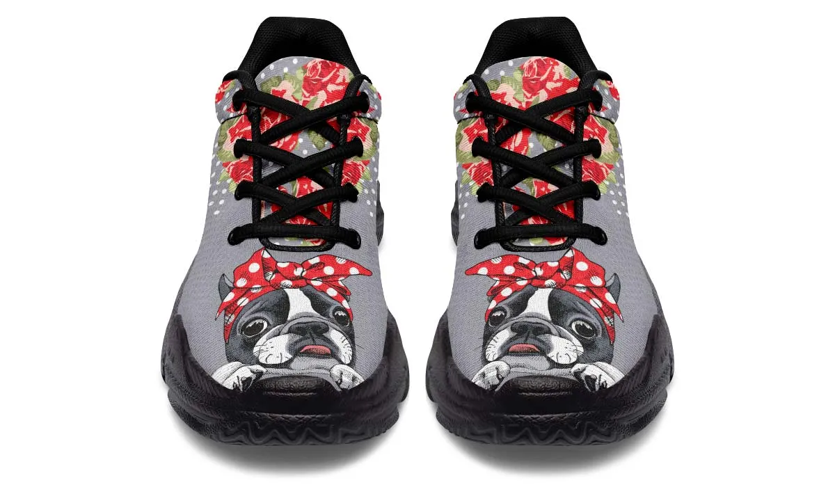 Floral Boston Terrier Red Chunky Sneakers