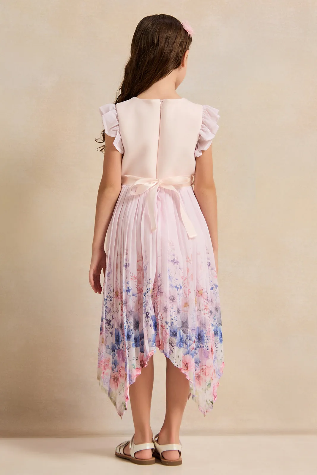 Girls Pink Printed Pleated Dress
