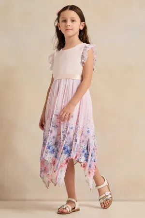 Girls Pink Printed Pleated Dress