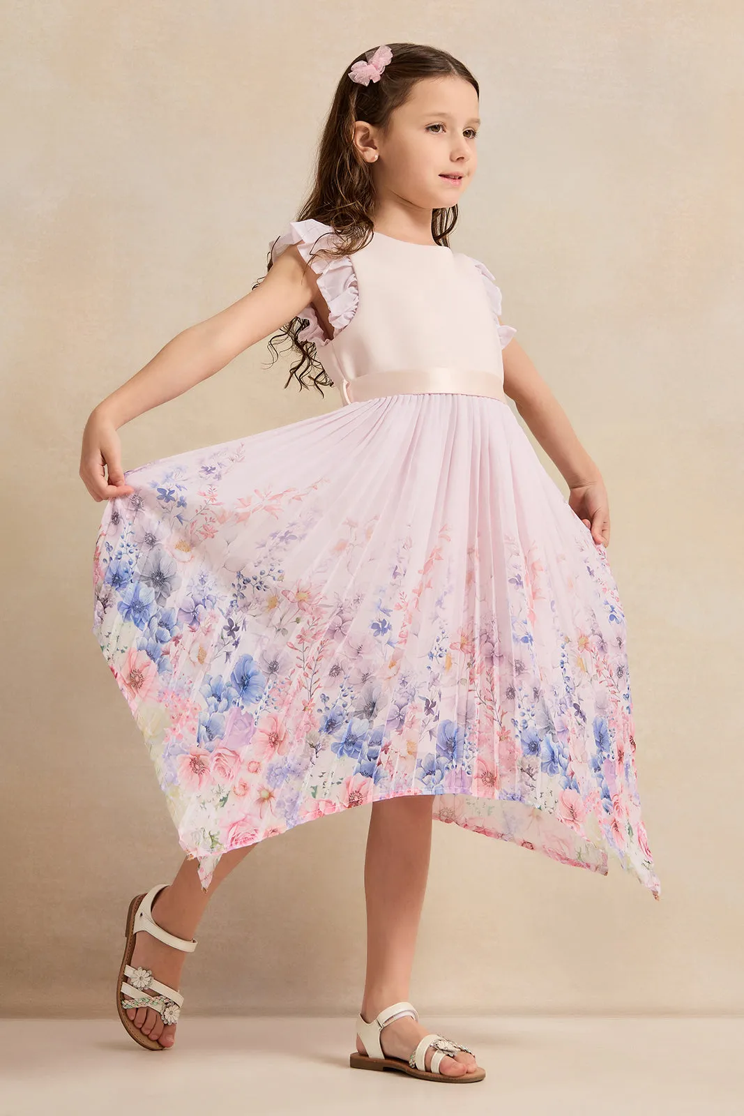 Girls Pink Printed Pleated Dress