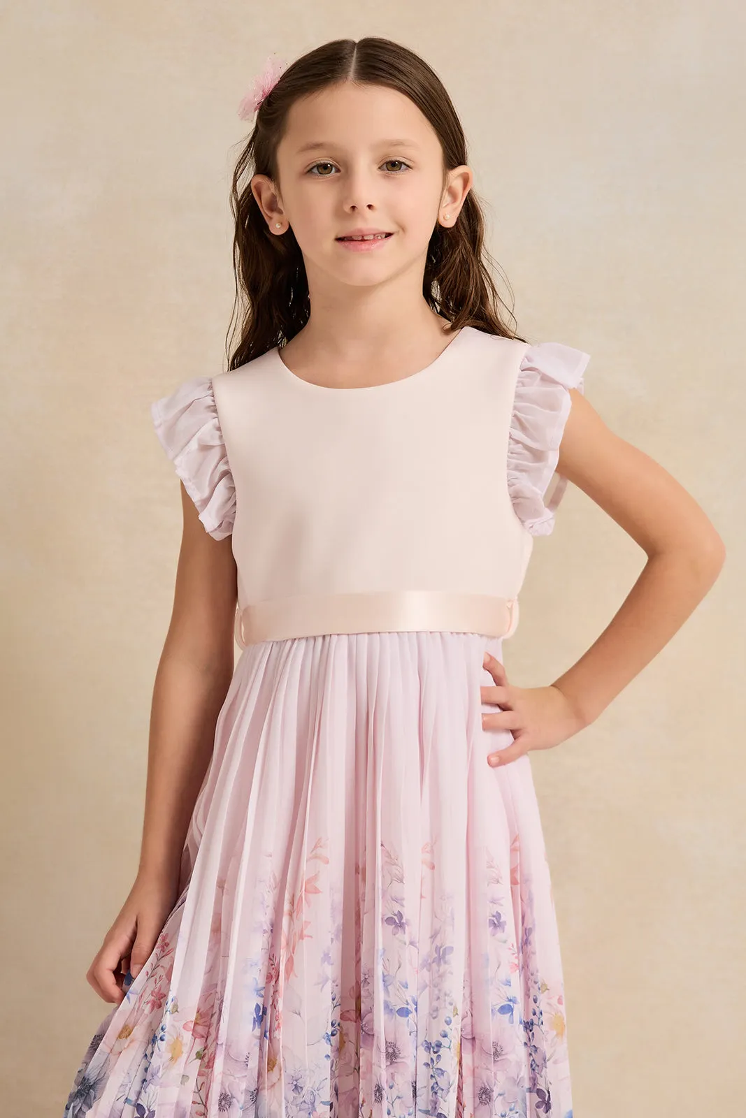 Girls Pink Printed Pleated Dress