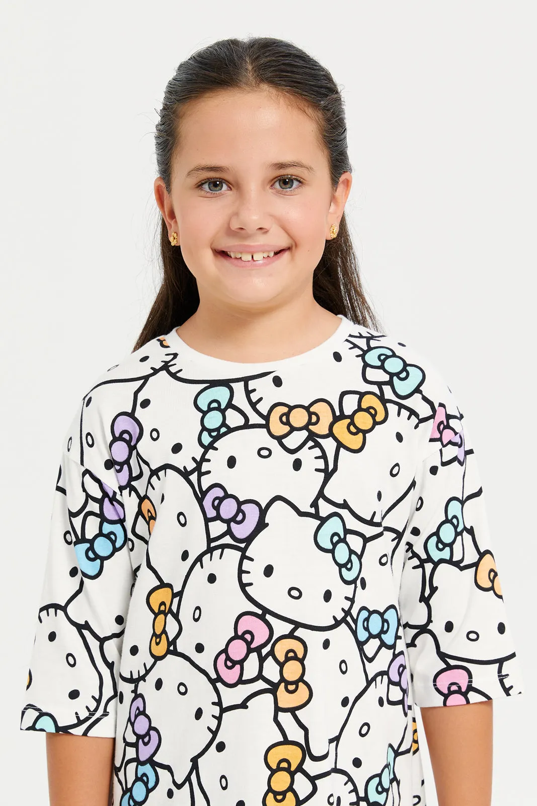 Girls White  Hello Kitty Print Dress