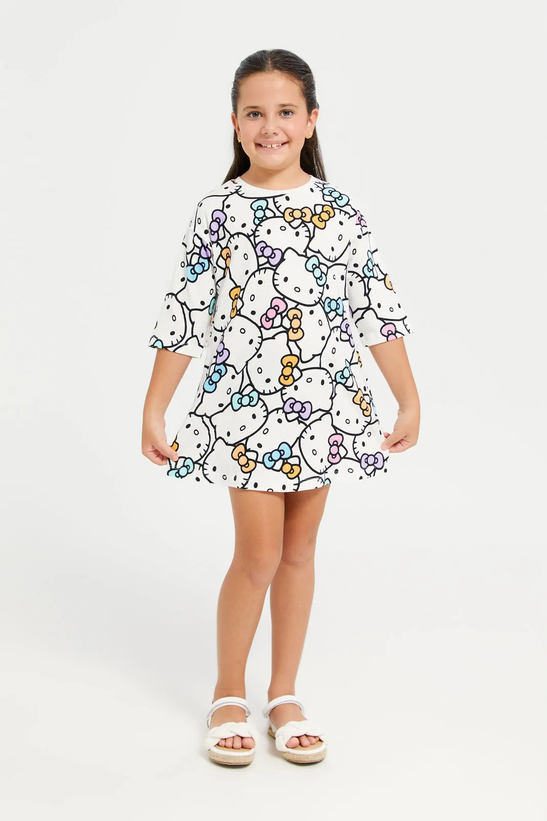 Girls White  Hello Kitty Print Dress
