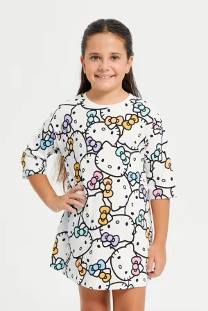 Girls White  Hello Kitty Print Dress