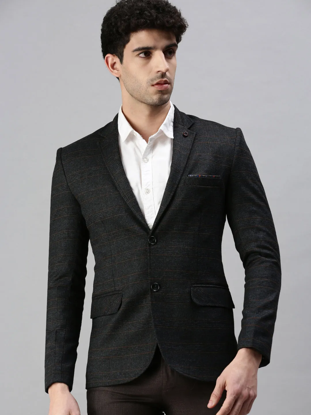 Men Black Checked Single-Breasted Slim-Fit Casual Blazer