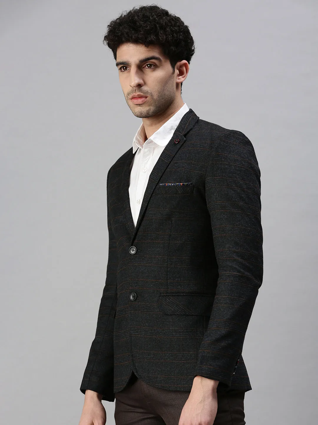 Men Black Checked Single-Breasted Slim-Fit Casual Blazer