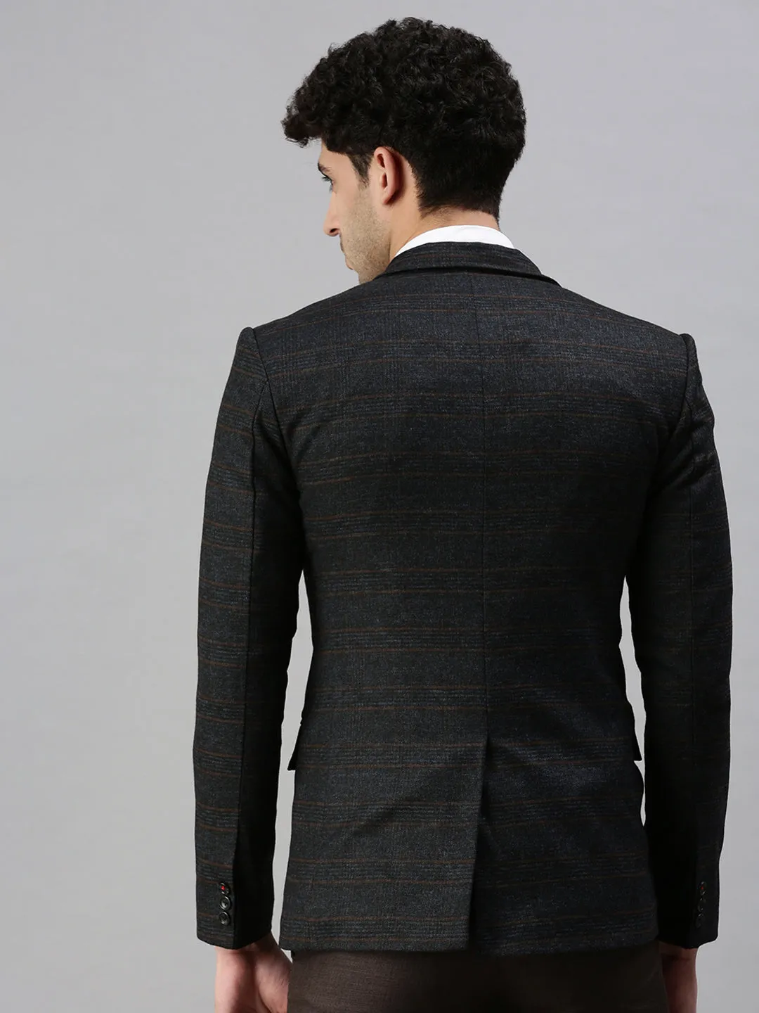 Men Black Checked Single-Breasted Slim-Fit Casual Blazer
