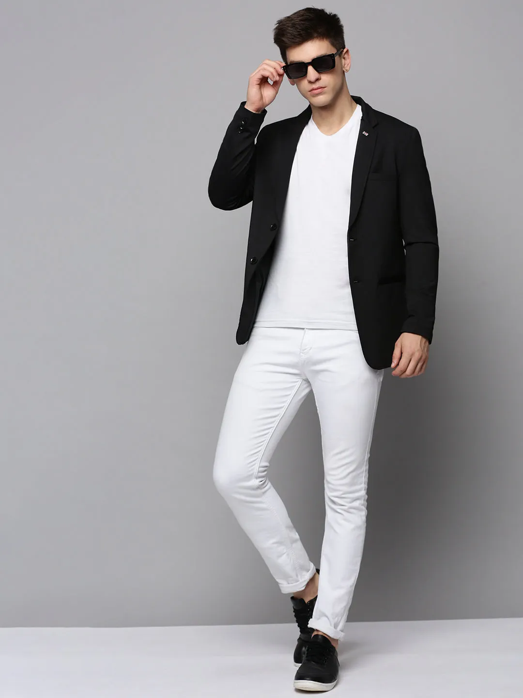 Men Black Notched Lapel Open Front Blazer