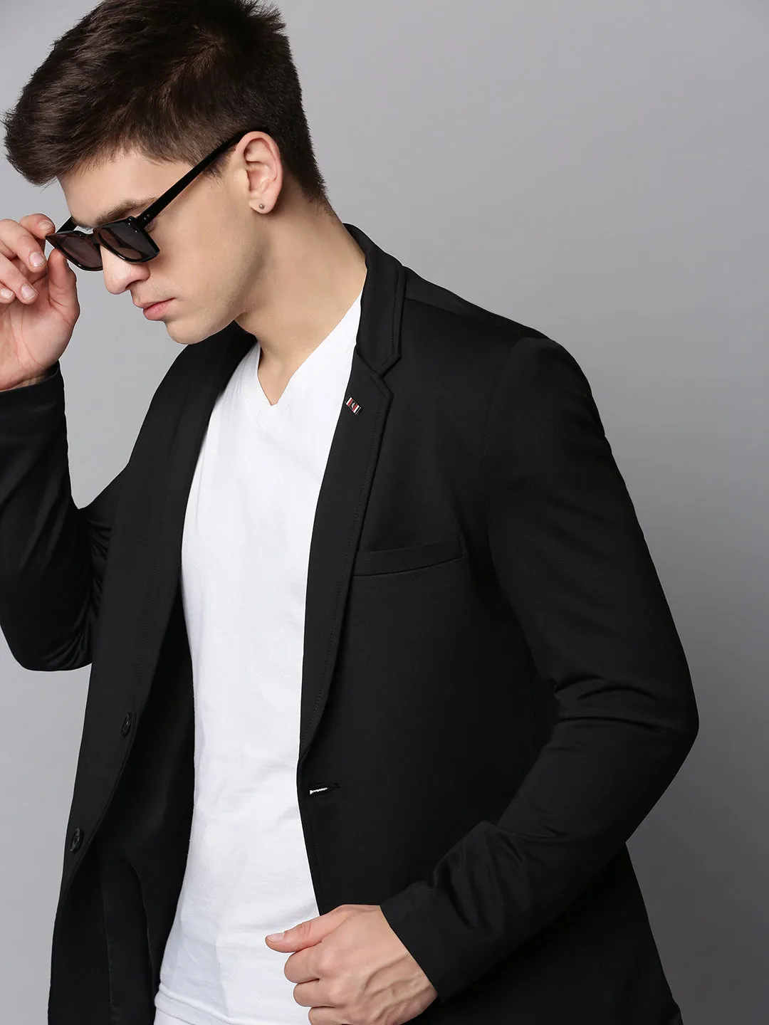 Men Black Notched Lapel Open Front Blazer