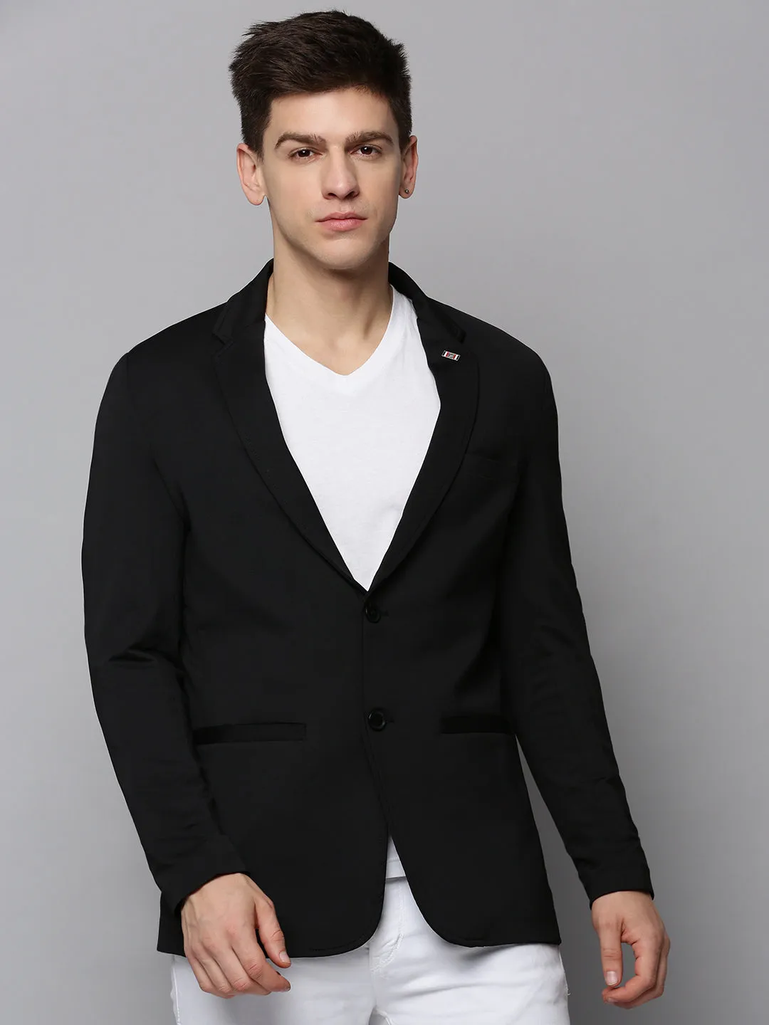 Men Black Notched Lapel Open Front Blazer