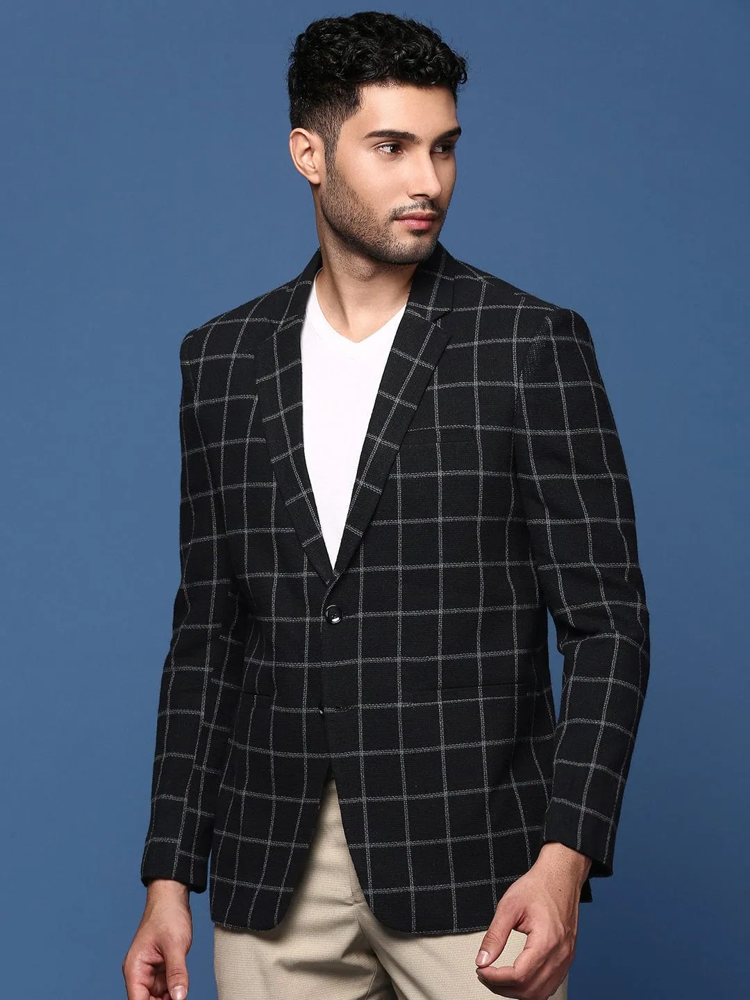 Men Black Single Breasted Slim Fit Blazer