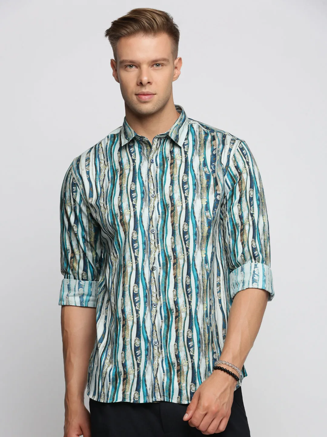 Men Blue Smart Slim Fit Multi Striped Long Sleeves Cotton Casual Shirt