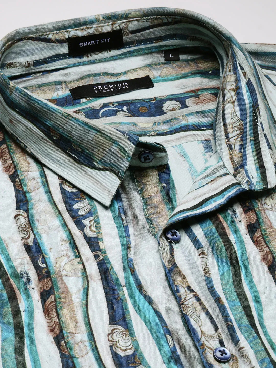 Men Blue Smart Slim Fit Multi Striped Long Sleeves Cotton Casual Shirt