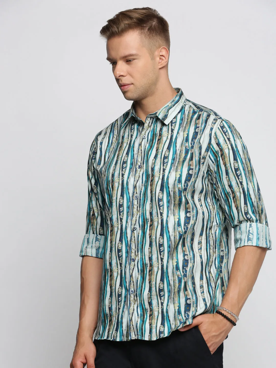Men Blue Smart Slim Fit Multi Striped Long Sleeves Cotton Casual Shirt