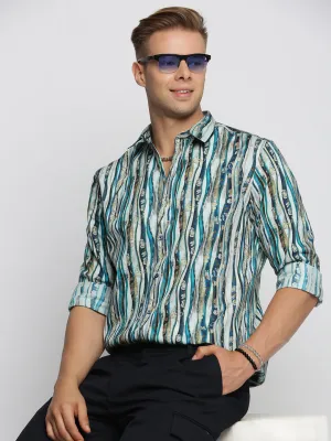 Men Blue Smart Slim Fit Multi Striped Long Sleeves Cotton Casual Shirt